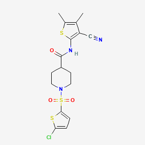 molecular formula C17H18ClN3O3S3 B2572702 1-((5-chlorothiophen-2-yl)sulfonyl)-N-(3-cyano-4,5-dimethylthiophen-2-yl)piperidine-4-carboxamide CAS No. 899959-31-0