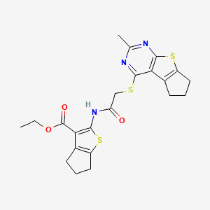 molecular formula C22H23N3O3S3 B2572729 ethyl 2-[2-({10-methyl-7-thia-9,11-diazatricyclo[6.4.0.0^{2,6}]dodeca-1(8),2(6),9,11-tetraen-12-yl}sulfanyl)acetamido]-4H,5H,6H-cyclopenta[b]thiophene-3-carboxylate CAS No. 314261-71-7