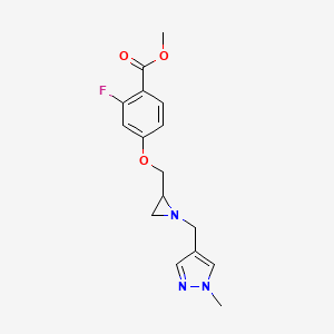 molecular formula C16H18FN3O3 B2572739 Methyl 2-fluoro-4-[[1-[(1-methylpyrazol-4-yl)methyl]aziridin-2-yl]methoxy]benzoate CAS No. 2418715-88-3