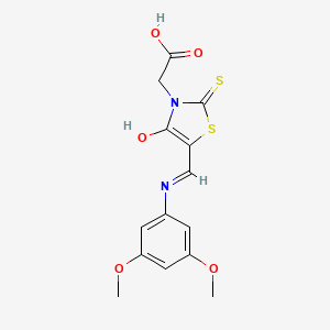 molecular formula C14H14N2O5S2 B2572772 (Z)-2-(5-(((3,5-dimethoxyphenyl)amino)methylene)-4-oxo-2-thioxothiazolidin-3-yl)acetic acid CAS No. 712307-65-8