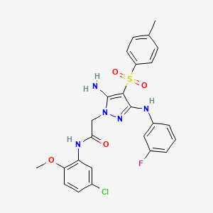 molecular formula C25H23ClFN5O4S B2572805 2-(5-amino-3-((3-fluorophenyl)amino)-4-tosyl-1H-pyrazol-1-yl)-N-(5-chloro-2-methoxyphenyl)acetamide CAS No. 2034476-82-7
