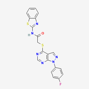 molecular formula C20H13FN6OS2 B2572814 N-(benzo[d]thiazol-2-yl)-2-((1-(4-fluorophenyl)-1H-pyrazolo[3,4-d]pyrimidin-4-yl)thio)acetamide CAS No. 893910-29-7