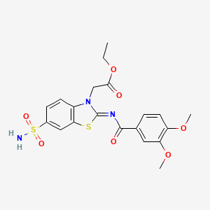 molecular formula C20H21N3O7S2 B2572820 Ethyl 2-[2-(3,4-dimethoxybenzoyl)imino-6-sulfamoyl-1,3-benzothiazol-3-yl]acetate CAS No. 865247-77-4