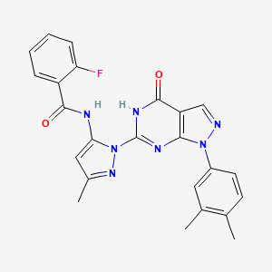 molecular formula C24H20FN7O2 B2572827 N-(1-(1-(3,4-dimethylphenyl)-4-oxo-4,5-dihydro-1H-pyrazolo[3,4-d]pyrimidin-6-yl)-3-methyl-1H-pyrazol-5-yl)-2-fluorobenzamide CAS No. 1170550-03-4