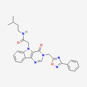 molecular formula C26H26N6O3 B2572839 N-isopentyl-2-(4-oxo-3-((3-phenyl-1,2,4-oxadiazol-5-yl)methyl)-3H-pyrimido[5,4-b]indol-5(4H)-yl)acetamide CAS No. 1111000-46-4