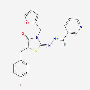molecular formula C21H17FN4O2S B2572872 (2E)-5-(4-氟苄基)-3-(呋喃-2-基甲基)-2-[(2E)-(吡啶-3-基亚甲基)腙]-1,3-噻唑烷-4-酮 CAS No. 637321-67-6