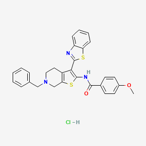 molecular formula C29H26ClN3O2S2 B2572876 N-(3-(benzo[d]thiazol-2-yl)-6-benzyl-4,5,6,7-tetrahydrothieno[2,3-c]pyridin-2-yl)-4-methoxybenzamide hydrochloride CAS No. 1219145-60-4