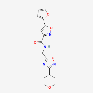 molecular formula C16H16N4O5 B2572896 5-(furan-2-yl)-N-((3-(tetrahydro-2H-pyran-4-yl)-1,2,4-oxadiazol-5-yl)methyl)isoxazole-3-carboxamide CAS No. 2034423-46-4