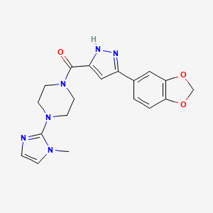 molecular formula C19H20N6O3 B2572899 (3-(苯并[d][1,3]二氧杂环-5-基)-1H-吡唑-5-基)(4-(1-甲基-1H-咪唑-2-基)哌嗪-1-基)甲酮 CAS No. 1297610-03-7