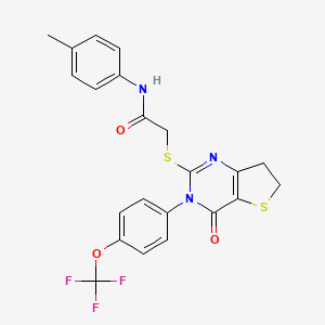 molecular formula C22H18F3N3O3S2 B2572904 2-((4-oxo-3-(4-(trifluoromethoxy)phenyl)-3,4,6,7-tetrahydrothieno[3,2-d]pyrimidin-2-yl)thio)-N-(p-tolyl)acetamide CAS No. 877654-42-7