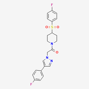 molecular formula C22H21F2N3O3S B2572910 2-(4-(4-fluorophenyl)-1H-pyrazol-1-yl)-1-(4-((4-fluorophenyl)sulfonyl)piperidin-1-yl)ethanone CAS No. 1448072-78-3