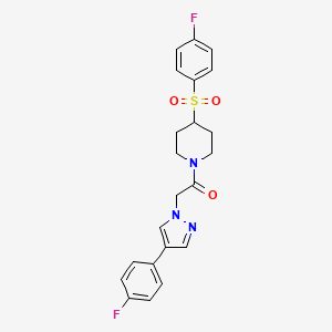 molecular formula C22H21F2N3O3S B2572910 1-[4-(4-fluorobenzenesulfonyl)piperidin-1-yl]-2-[4-(4-fluorophenyl)-1H-pyrazol-1-yl]ethan-1-one CAS No. 1448072-78-3