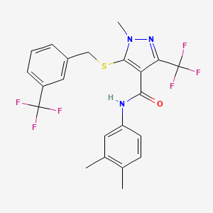 molecular formula C22H19F6N3OS B2573015 N-(3,4-dimethylphenyl)-1-methyl-3-(trifluoromethyl)-5-{[3-(trifluoromethyl)benzyl]sulfanyl}-1H-pyrazole-4-carboxamide CAS No. 321553-25-7