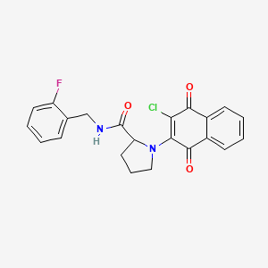 molecular formula C22H18ClFN2O3 B2573107 1-(3-chloro-1,4-dioxo-1,4-dihydro-2-naphthalenyl)-N-(2-fluorobenzyl)-2-pyrrolidinecarboxamide CAS No. 1008011-41-3
