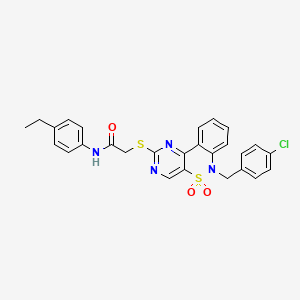 molecular formula C27H23ClN4O3S2 B2573108 2-{[6-(4-chlorobenzyl)-5,5-dioxido-6H-pyrimido[5,4-c][2,1]benzothiazin-2-yl]thio}-N-(4-ethylphenyl)acetamide CAS No. 899547-43-4