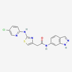 molecular formula C17H13ClN6OS B2573119 2-(2-((5-chloropyridin-2-yl)amino)thiazol-4-yl)-N-(1H-indazol-6-yl)acetamide CAS No. 1251557-26-2