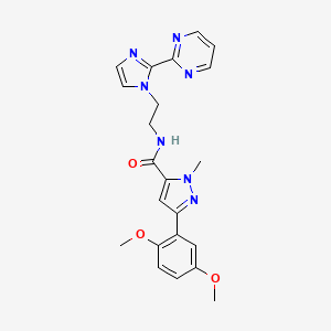 molecular formula C22H23N7O3 B2573179 3-(2,5-dimethoxyphenyl)-1-methyl-N-(2-(2-(pyrimidin-2-yl)-1H-imidazol-1-yl)ethyl)-1H-pyrazole-5-carboxamide CAS No. 1797085-85-8