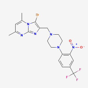 molecular formula C20H20BrF3N6O2 B2573181 3-Bromo-5,7-dimethyl-2-((4-(2-nitro-4-(trifluoromethyl)phenyl)piperazin-1-yl)methyl)imidazo[1,2-a]pyrimidine CAS No. 532968-19-7