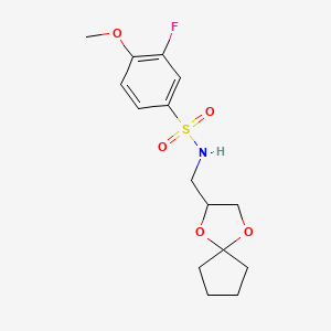molecular formula C15H20FNO5S B2573198 N-(1,4-dioxaspiro[4.4]nonan-2-ylmethyl)-3-fluoro-4-methoxybenzenesulfonamide CAS No. 899734-01-1