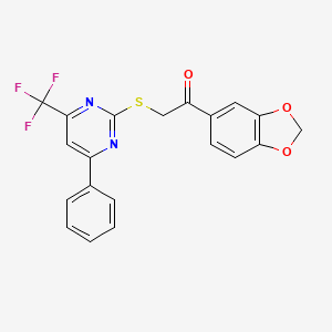 molecular formula C20H13F3N2O3S B2573203 1-(1,3-苯并二氧杂环-5-基)-2-{[4-苯基-6-(三氟甲基)嘧啶-2-基]硫代}乙酮 CAS No. 941252-51-3