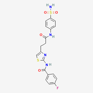 molecular formula C19H17FN4O4S2 B2573224 4-fluoro-N-(4-(3-oxo-3-((4-sulfamoylphenyl)amino)propyl)thiazol-2-yl)benzamide CAS No. 1021266-06-7