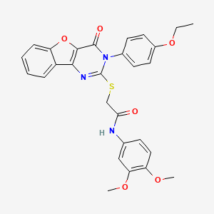 molecular formula C28H25N3O6S B2573248 N-(3,4-dimethoxyphenyl)-2-((3-(4-ethoxyphenyl)-4-oxo-3,4-dihydrobenzofuro[3,2-d]pyrimidin-2-yl)thio)acetamide CAS No. 892278-54-5