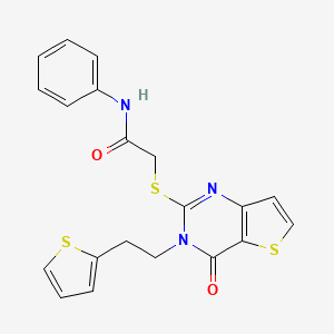 molecular formula C20H17N3O2S3 B2573258 2-({4-oxo-3-[2-(thiophen-2-yl)ethyl]-3,4-dihydrothieno[3,2-d]pyrimidin-2-yl}sulfanyl)-N-phenylacetamide CAS No. 1260913-10-7