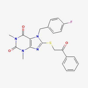 molecular formula C22H19FN4O3S B2573262 7-[(4-Fluorophenyl)methyl]-1,3-dimethyl-8-phenacylsulfanylpurine-2,6-dione CAS No. 511238-73-6