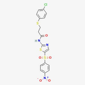 molecular formula C18H14ClN3O5S3 B2573297 3-(4-氯苯基)硫代基-N-[5-(4-硝基苯基)磺酰基-1,3-噻唑-2-基]丙酰胺 CAS No. 881943-90-4