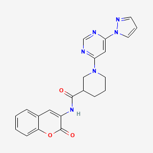 molecular formula C22H20N6O3 B2573301 1-(6-(1H-pyrazol-1-yl)pyrimidin-4-yl)-N-(2-oxo-2H-chromen-3-yl)piperidine-3-carboxamide CAS No. 1334372-22-3