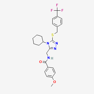 molecular formula C25H27F3N4O2S B2573305 N-[[4-cyclohexyl-5-[[4-(trifluoromethyl)phenyl]methylsulfanyl]-1,2,4-triazol-3-yl]methyl]-4-methoxybenzamide CAS No. 476448-31-4