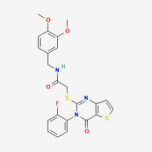 molecular formula C23H20FN3O4S2 B2573306 N-(3,4-dimethoxybenzyl)-2-{[3-(2-fluorophenyl)-4-oxo-3,4-dihydrothieno[3,2-d]pyrimidin-2-yl]sulfanyl}acetamide CAS No. 1260948-35-3