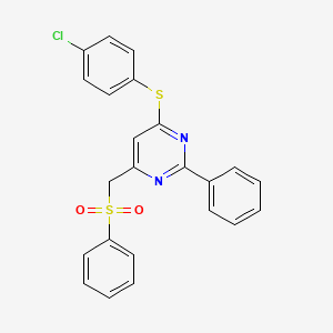 molecular formula C23H17ClN2O2S2 B2573327 {6-[(4-Chlorophenyl)sulfanyl]-2-phenyl-4-pyrimidinyl}methyl phenyl sulfone CAS No. 303147-45-7