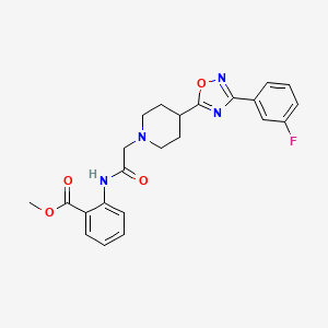 molecular formula C23H23FN4O4 B2573337 Methyl 2-(2-(4-(3-(3-fluorophenyl)-1,2,4-oxadiazol-5-yl)piperidin-1-yl)acetamido)benzoate CAS No. 1251556-75-8
