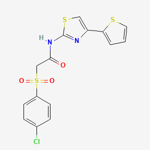 molecular formula C15H11ClN2O3S3 B2573398 2-((4-chlorophenyl)sulfonyl)-N-(4-(thiophen-2-yl)thiazol-2-yl)acetamide CAS No. 895459-29-7