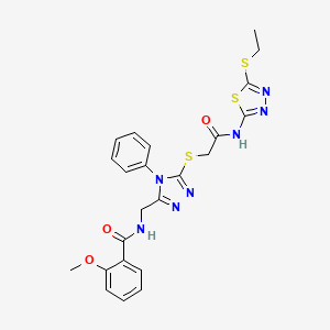 molecular formula C23H23N7O3S3 B2573428 N-[[5-[2-[(5-ethylsulfanyl-1,3,4-thiadiazol-2-yl)amino]-2-oxoethyl]sulfanyl-4-phenyl-1,2,4-triazol-3-yl]methyl]-2-methoxybenzamide CAS No. 393840-74-9