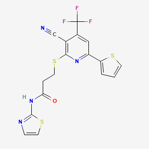 molecular formula C17H11F3N4OS3 B2573450 3-((3-氰基-6-(噻吩-2-基)-4-(三氟甲基)吡啶-2-基)硫代)-N-(噻唑-2-基)丙酰胺 CAS No. 774569-77-6