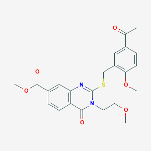 molecular formula C23H24N2O6S B2573492 Methyl 2-((5-acetyl-2-methoxybenzyl)thio)-3-(2-methoxyethyl)-4-oxo-3,4-dihydroquinazoline-7-carboxylate CAS No. 422273-80-1