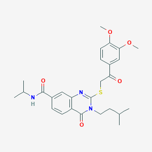 molecular formula C27H33N3O5S B2573505 2-((2-(3,4-dimethoxyphenyl)-2-oxoethyl)thio)-3-isopentyl-N-isopropyl-4-oxo-3,4-dihydroquinazoline-7-carboxamide CAS No. 1113136-68-7
