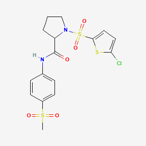 molecular formula C16H17ClN2O5S3 B2573506 1-((5-氯噻吩-2-基)磺酰基)-N-(4-(甲磺酰基)苯基)吡咯烷-2-甲酰胺 CAS No. 1050212-47-9