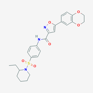 molecular formula C25H27N3O6S B257351 5-(2,3-dihydro-1,4-benzodioxin-6-yl)-N-{4-[(2-ethyl-1-piperidinyl)sulfonyl]phenyl}-3-isoxazolecarboxamide 