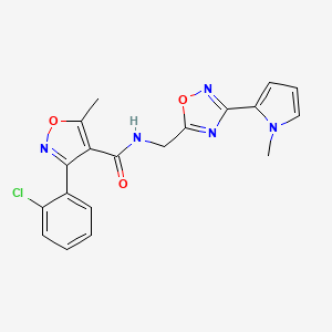 molecular formula C19H16ClN5O3 B2573518 3-(2-chlorophenyl)-5-methyl-N-((3-(1-methyl-1H-pyrrol-2-yl)-1,2,4-oxadiazol-5-yl)methyl)isoxazole-4-carboxamide CAS No. 2034508-26-2