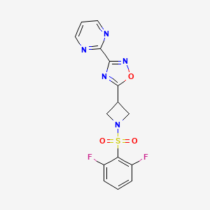 molecular formula C15H11F2N5O3S B2573519 5-(1-((2,6-Difluorophenyl)sulfonyl)azetidin-3-yl)-3-(pyrimidin-2-yl)-1,2,4-oxadiazole CAS No. 1323775-38-7
