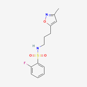 molecular formula C13H15FN2O3S B2573549 2-氟-N-(3-(3-甲基异恶唑-5-基)丙基)苯磺酰胺 CAS No. 2034509-40-3