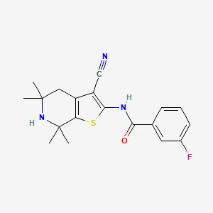 molecular formula C19H20FN3OS B2573555 N-(3-cyano-5,5,7,7-tetramethyl-4,5,6,7-tetrahydrothieno[2,3-c]pyridin-2-yl)-3-fluorobenzamide CAS No. 887902-12-7