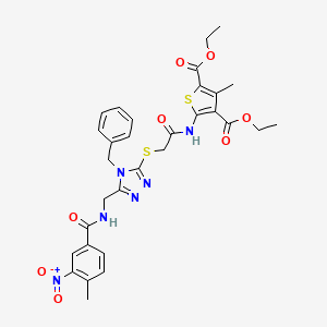 molecular formula C31H32N6O8S2 B2573581 diethyl 5-(2-((4-benzyl-5-((4-methyl-3-nitrobenzamido)methyl)-4H-1,2,4-triazol-3-yl)thio)acetamido)-3-methylthiophene-2,4-dicarboxylate CAS No. 393849-93-9