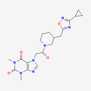 molecular formula C20H25N7O4 B2573588 7-(2-(3-((3-环丙基-1,2,4-恶二唑-5-基)甲基)哌啶-1-基)-2-氧代乙基)-1,3-二甲基-1H-嘌呤-2,6(3H,7H)-二酮 CAS No. 1706006-76-9