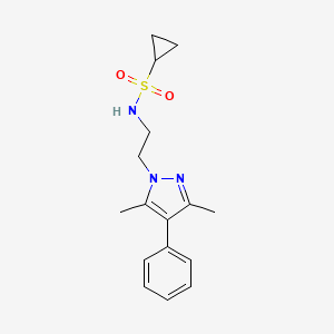 molecular formula C16H21N3O2S B2573612 N-[2-(3,5-二甲基-4-苯基-1H-吡唑-1-基)乙基]环丙烷磺酰胺 CAS No. 2034321-84-9