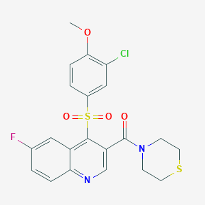 molecular formula C21H18ClFN2O4S2 B2573642 (4-((3-Chloro-4-methoxyphenyl)sulfonyl)-6-fluoroquinolin-3-yl)(thiomorpholino)methanone CAS No. 1111147-10-4