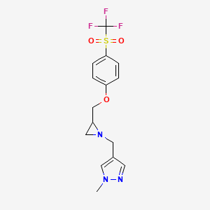 molecular formula C15H16F3N3O3S B2573652 1-Methyl-4-[[2-[[4-(trifluoromethylsulfonyl)phenoxy]methyl]aziridin-1-yl]methyl]pyrazole CAS No. 2418671-65-3